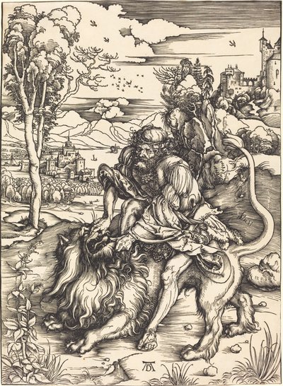 Simson taistelee leijonan kanssa tekijältä Albrecht Dürer
