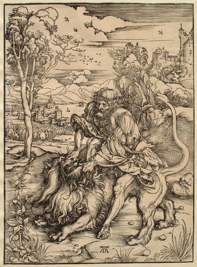 Simson taistelee leijonan kanssa tekijältä Albrecht Dürer