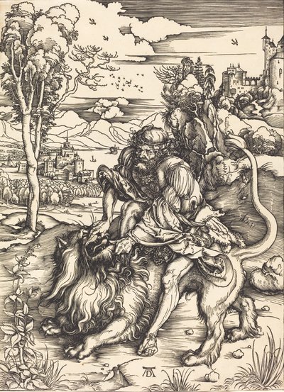 Simson taistelee leijonan kanssa, n. 14971498. tekijältä Albrecht Dürer
