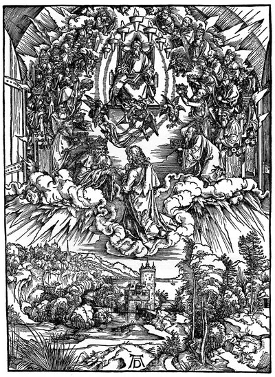 Kohtaus Apokalypsista, Pyhä Johannes Isän Jumala ja kaksikymmentäneljä vanhinta, 1498, 1936. tekijältä Albrecht Dürer