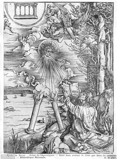 Kohtaus Apokalypsista, Pyhä Johannes söi kirjan, latinalainen painos, 1511 (puupiirros) (bw kuva) tekijältä Albrecht Dürer