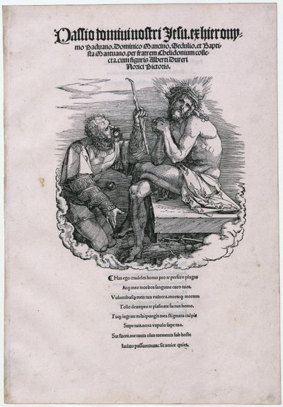 ”Schmerzensmann ja Landsknecht”, sivu 1 [otsikkosivu] sarjasta ”Die Grosse Passion” tekijältä Albrecht Dürer