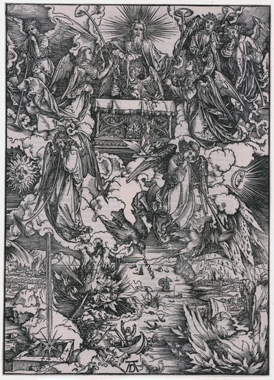 Seitsemän pasuunaa puhaltavaa enkeliä, VI hahmo, lehti 8 sarjasta "Ilmestyskirja" tekijältä Albrecht Dürer