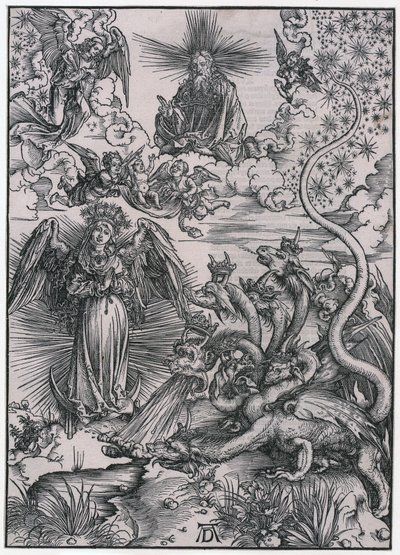 Auringon nainen ja seitsenpäinen lohikäärme, IX. kuva, sarjan ”Apokalypsi” 11. arkki tekijältä Albrecht Dürer