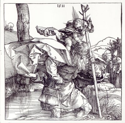 Pyhä Kristofer kantamassa Kristus-lapsea, 1511 (puupiirros) (bw kuva) tekijältä Albrecht Dürer