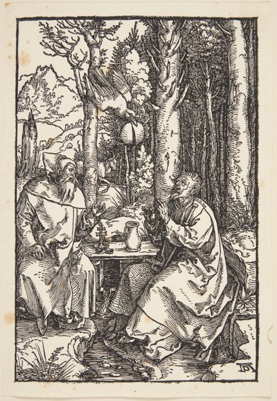 St. Anthony vierailee St. Paulin luona erämaassa tekijältä Albrecht Dürer