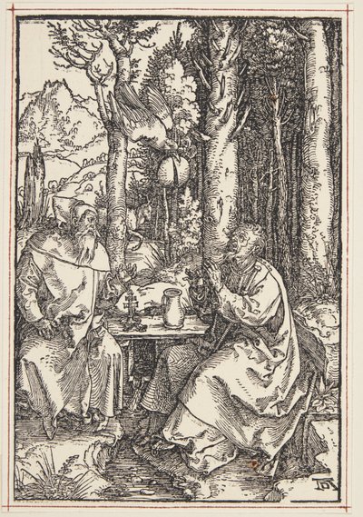 St. Anthony vierailee St. Paulin luona erämaassa tekijältä Albrecht Dürer
