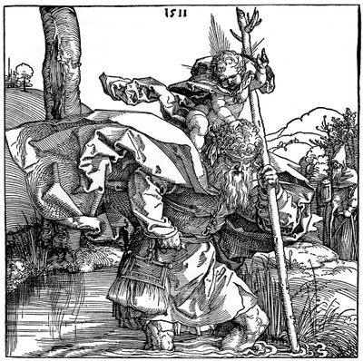 Pyhä Kristofer kantamassa Kristus-lapsia, 1511, 1936 tekijältä Albrecht Dürer