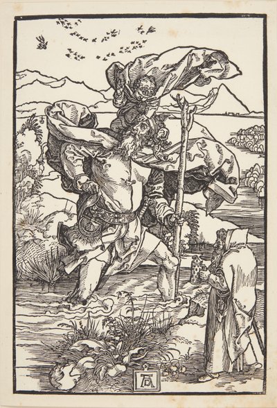St. Christopher erämaassa lintujen lennon kanssa tekijältä Albrecht Dürer