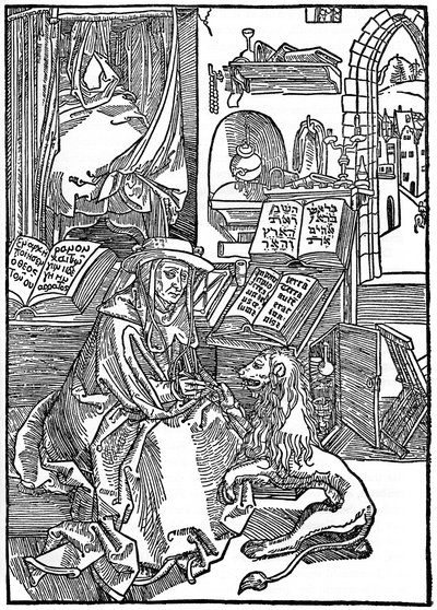 Pyhä Hieronymus työhuoneessaan vetää piikkia leijonan tassusta, 1492, 1936 tekijältä Albrecht Dürer