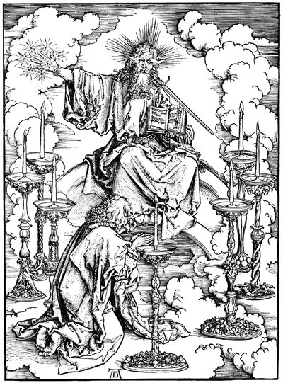 Pyhän Johanneksen visio Kristuksesta ja seitsemän kynttilänjalkaa Apokalypsista, n. 1497 tekijältä Albrecht Dürer