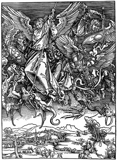 Pyhä Mikael taistelee lohikäärmeen kanssa, 1498, 1936 tekijältä Albrecht Dürer