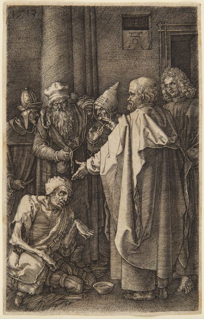 Pyhä Pietari ja pyhä Johannes parantavat ramman (#16 Kaiverretusta passiosta) tekijältä Albrecht Dürer