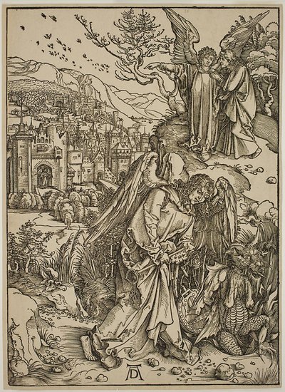 Enkeli näyttää Pyhää Johannes Uutta Jerusalemia tekijältä Albrecht Dürer