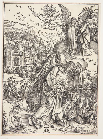 Enkeli näyttää Pyhää Johannes Uutta Jerusalemia tekijältä Albrecht Dürer