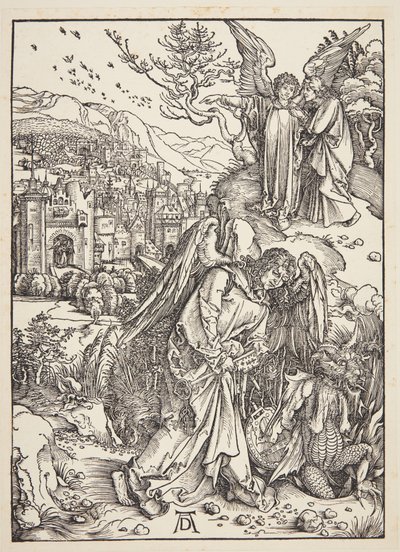 Enkeli näyttää Pyhää Johannes Uutta Jerusalemia tekijältä Albrecht Dürer