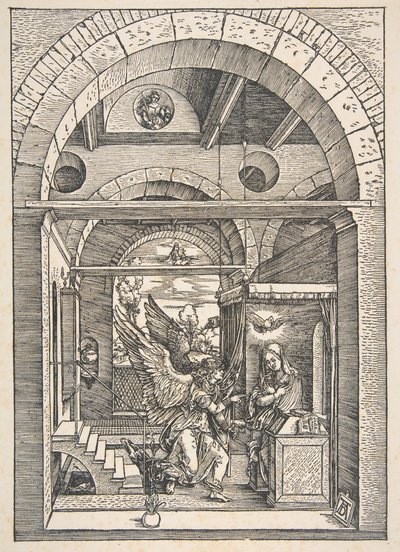 Anunciation, teoksesta The Life of the Virgin, latinalainen painos, 1511.n.d. tekijältä Albrecht Dürer