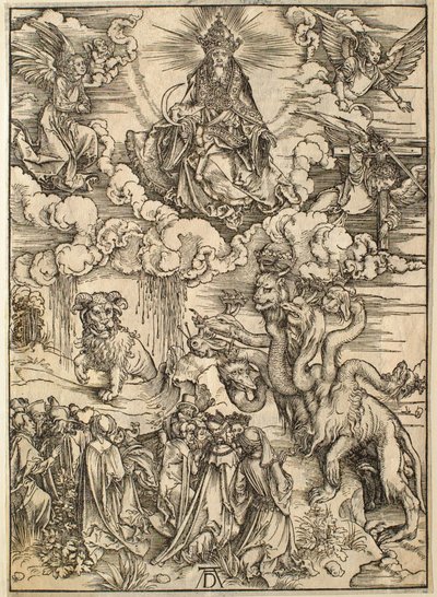 Ilmestyskirja: Peto, jolla on kaksi sarvea kuin karitsalla tekijältä Albrecht Dürer