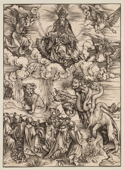 Ilmestyskirja: Peto, jolla on kaksi sarvea kuin karitsalla tekijältä Albrecht Dürer