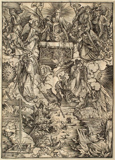 Ilmestyskirja: Seitsemän pasuunoita pitelevää enkeliä tekijältä Albrecht Dürer