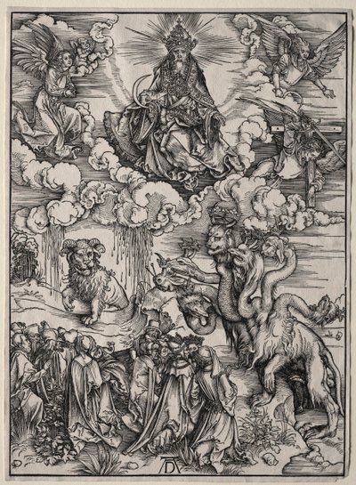 Peto, jolla on seitsemän päätä ja peto, jolla on karitsan sarvet. tekijältä Albrecht Dürer