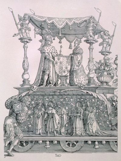 Burgundialainen avioliitto tai Saksan keisari Maximilian I:n (1459-1519) voittokulkue, jossa näytetään Maximilianuksen ja Burgundin Marian (1458-82) häävaunut, pub. 1526 (yksityiskohta tekijältä Albrecht Dürer