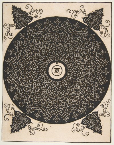 Neljäs solmu. Lomitettu pyöreä pyöreä medaljonki keskellä, vuoden 1528 jälkeen. tekijältä Albrecht Dürer