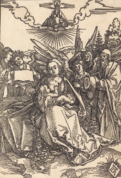 Pyhä perhe viiden enkelin kanssa vuonna 1505 tai sitä ennen. tekijältä Albrecht Dürer