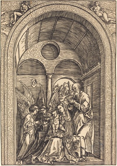 Pyhä perhe kahden enkelin kanssa holvihallissa tekijältä Albrecht Dürer