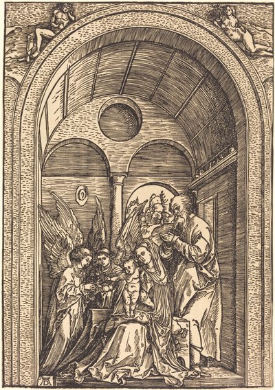 Pyhä perhe kahden enkelin kanssa holvihallissa tekijältä Albrecht Dürer