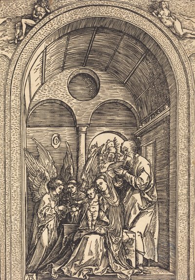 Pyhä perhe kahden enkelin kanssa holvihallissa, n. 1504. tekijältä Albrecht Dürer
