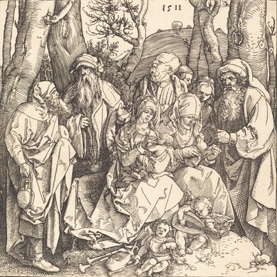 Pyhä perhe ja kaksi musiikkia tekevää enkeliä, 1511. tekijältä Albrecht Dürer