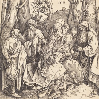 Pyhä perhe ja kaksi musiikkia tekevää enkeliä, 1511. tekijältä Albrecht Dürer