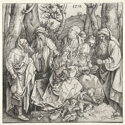 Pyhä perhe ja kaksi muusikkoenkeliä tekijältä Albrecht Dürer