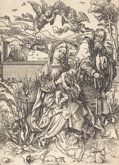 Pyhä perhe kolmen jäniksen kanssa, n. 14971498. tekijältä Albrecht Dürer