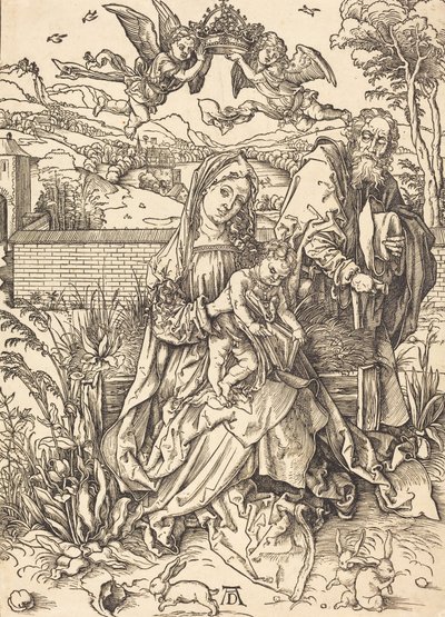 Pyhä perhe kolmen jäniksen kanssa, n. 14971498. tekijältä Albrecht Dürer