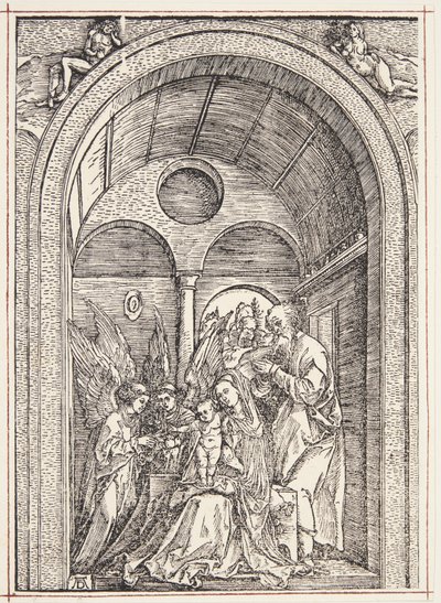 Pyhä perhe kahden enkelin kanssa holvihallissa tekijältä Albrecht Dürer