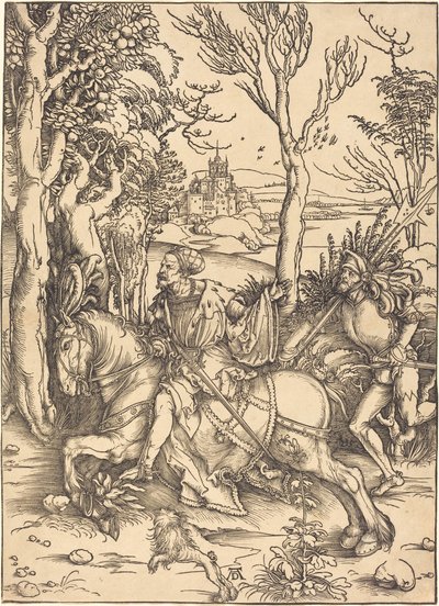 Ritari hevosen selässä ja Lansquenet tekijältä Albrecht Dürer