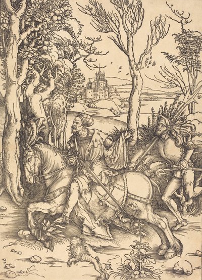 Ritari hevosen selässä ja Lansquenet, n. 14961497. tekijältä Albrecht Dürer