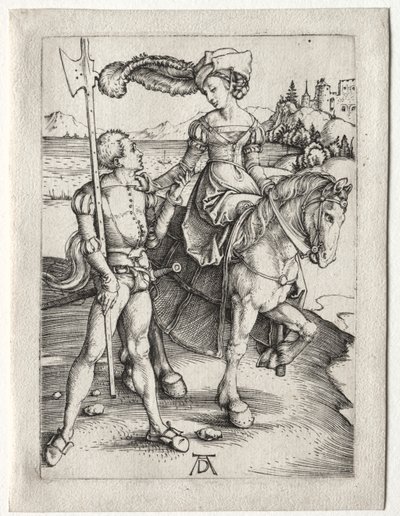 Lady Riding ja Landsknecht tekijältä Albrecht Dürer
