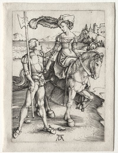 Lady Riding ja Landsknecht, n. 1497. tekijältä Albrecht Dürer