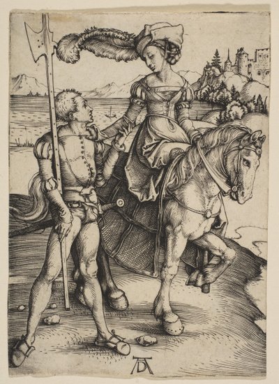Lady on Horseback ja Lansquenet, n. 1497. tekijältä Albrecht Dürer
