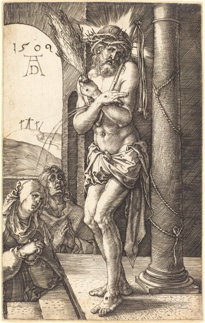 Surujen mies seisoo pylvään vieressä tekijältä Albrecht Dürer