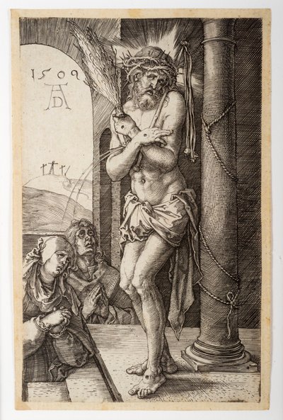 Surun mies sarakkeen vieressä Neitsyen ja Pyhän Johanneksen kanssa, kaiverretusta intohimosta tekijältä Albrecht Dürer