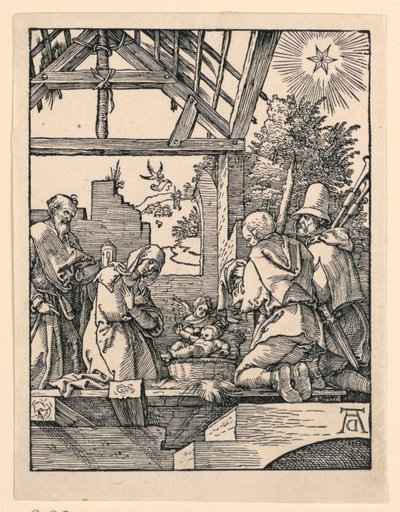 Syntymä (paimenten palvonta) Pikku Passion -sarjasta tekijältä Albrecht Dürer
