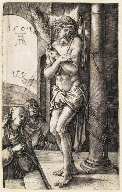 Kärsimyshistoria: Surujen mies seisomassa pylvään vieressä tekijältä Albrecht Dürer