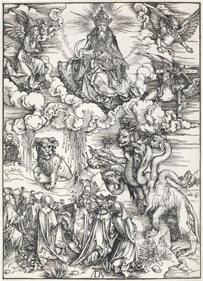 Seitsemänpäinen peto ja peto karitsansarvilla, Pyhän Johanneksen apokalypsista, 1496-1498 tekijältä Albrecht Dürer