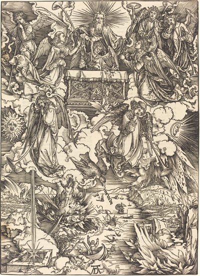 Seitsemän enkeliä trumpettien kanssa tekijältä Albrecht Dürer