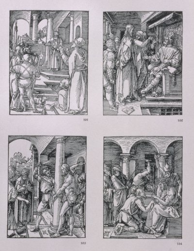 Pieni Passion -sarja (myötäpäivään): Kristus Pilatuksen edessä; Kristus Herodeksen edessä; Liputus; Orjantappuroilla kruunaus, pubi. 1511 tekijältä Albrecht Dürer
