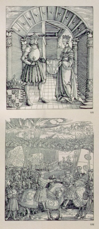 Saksan keisari Maximilian I:n (1459-1519) riemukaari: yksityiskohta, jossa on kaksi vasemman portaalin yläpuolelle sijoitettua paneelia, jotka kuvaavat (ylhäällä) Maximilian I:tä ja hänen ensimmäistä vaimoaan Burgundin Mariaa (1457-82) tekijältä Albrecht Dürer